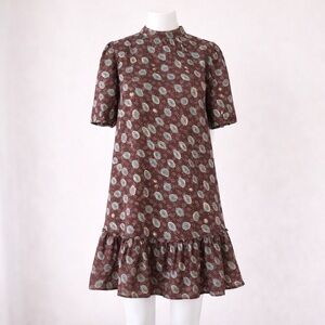 Free People Brown Printed Mini Dress XS | Open Back Tie Neck Ruffle Hem